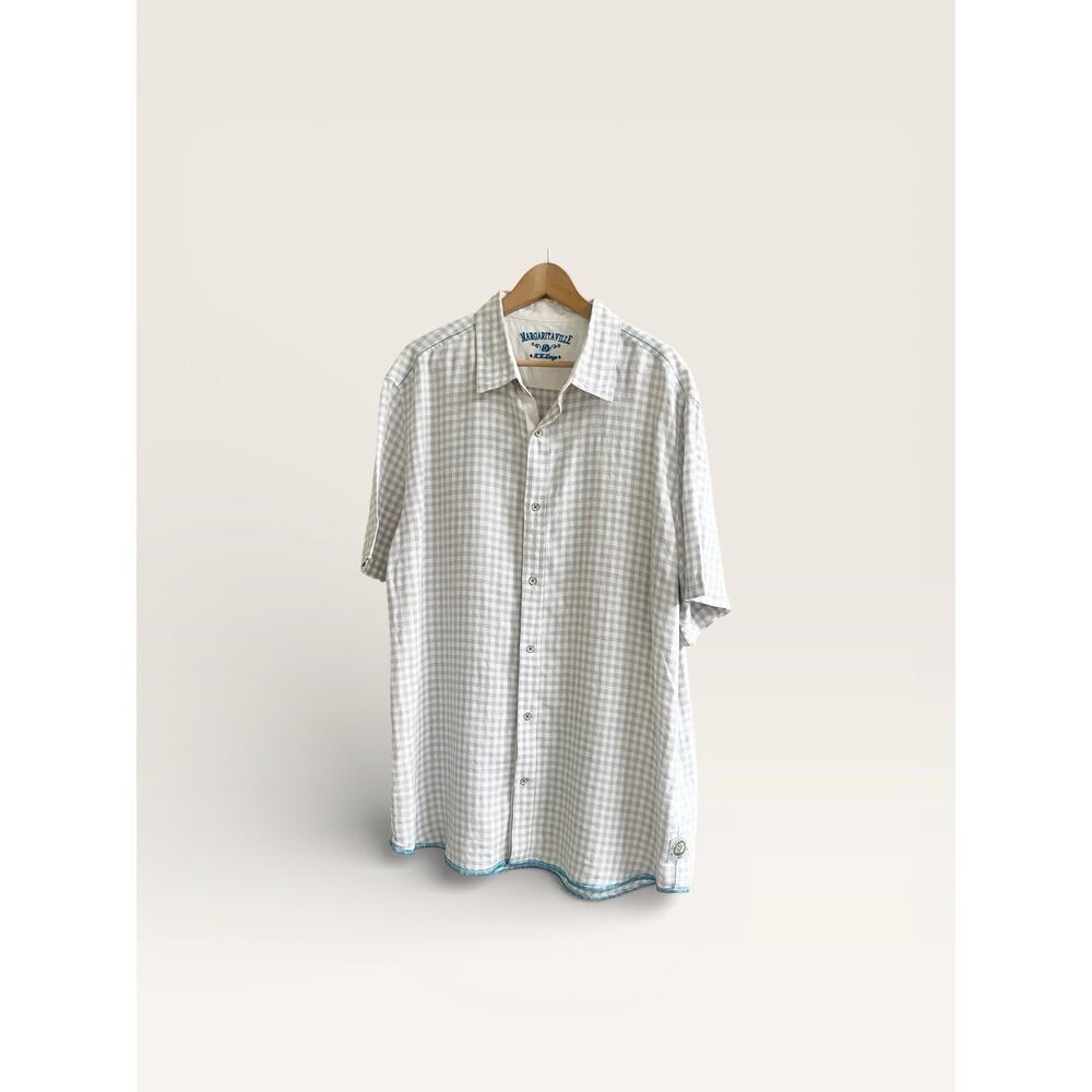 Margaritaville Men’s 100% Linen Short Sleeve Collared Shirt Gingham Beige XXL